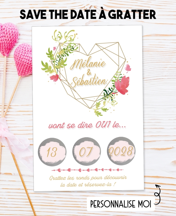 Save the date "coeur" à gratter pour annoncer votre mariage ou pacs. save date mariage. annonce mariage