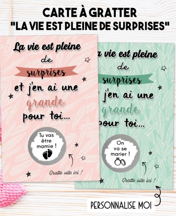 Carte à gratter "La vie est pleine de surprises" pour annonce ou demande originale. carte surprise. carte bonne nouvelle. carte