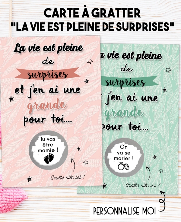 Carte à gratter "La vie est pleine de surprises" pour annonce ou demande originale. carte surprise. carte bonne nouvelle. carte