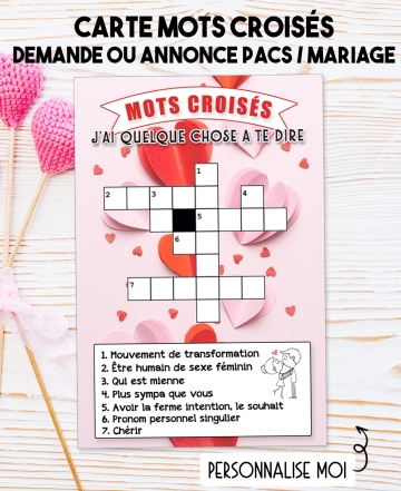 Carte mots croisés Amour pour annonce ou demande mariage/pacs