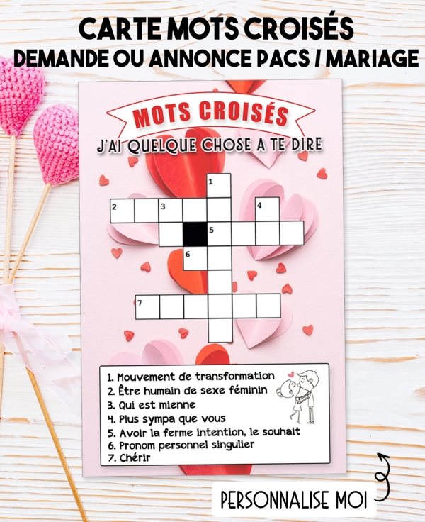 Carte mots croisés Amour pour annonce ou demande mariage/pacs