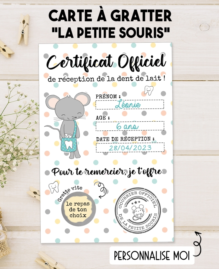 Carte à gratter cadeau dent de lait. carte la petite souris. cadeau enfant la petite souris. carte souris. carte dent lait