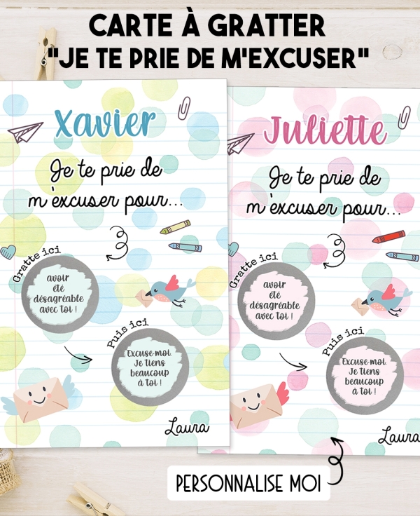Carte à gratter "Je te prie de m'excuser pour". carte excuse. carte pardon. présenter excuse