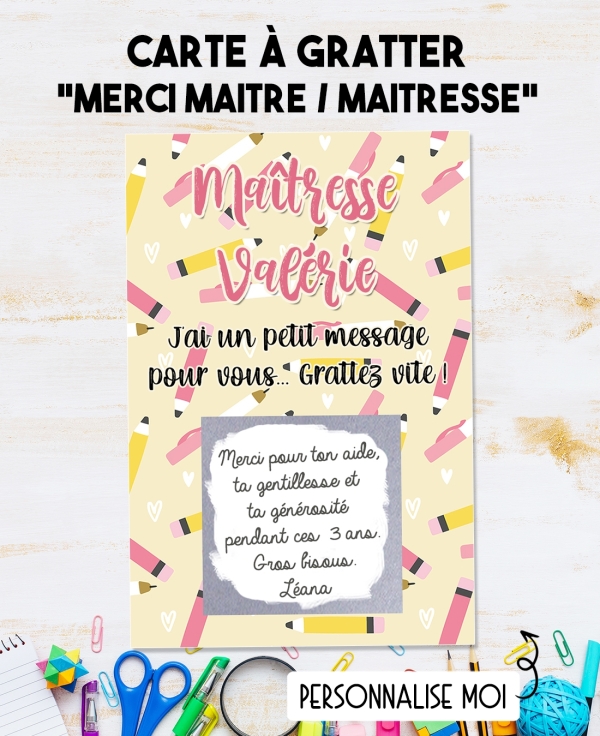 Carte à gratter Merci maîtresse personnalisable. carte maitresse. merci maitresse. merci nounou. cadeau original maitresse