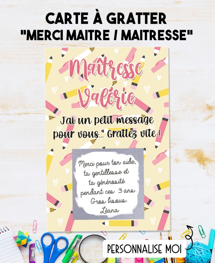 Carte à gratter Merci maîtresse personnalisable. carte maitresse. merci maitresse. merci nounou. cadeau original maitresse