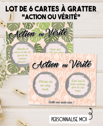 6 cartes à gratter "Action ou Vérité" pour EVJF, soirée entre amis, anniversaire - personnalisable. action vérité jeu