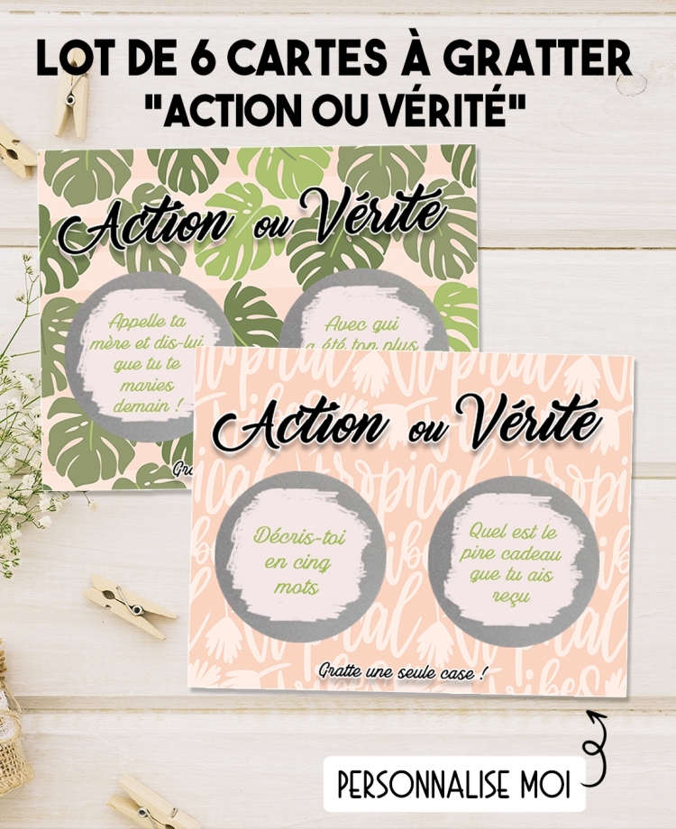 6 cartes à gratter "Action ou Vérité" pour EVJF, soirée entre amis, anniversaire - personnalisable. action vérité jeu
