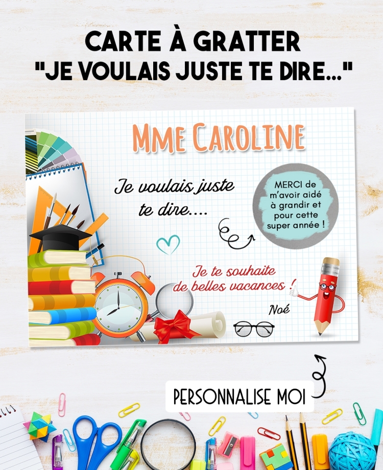 Carte à gratter "Je voulais juste te dire..." pour maîtresse, maître, ATSEM, nounou. carte maîtresse. carte nounou