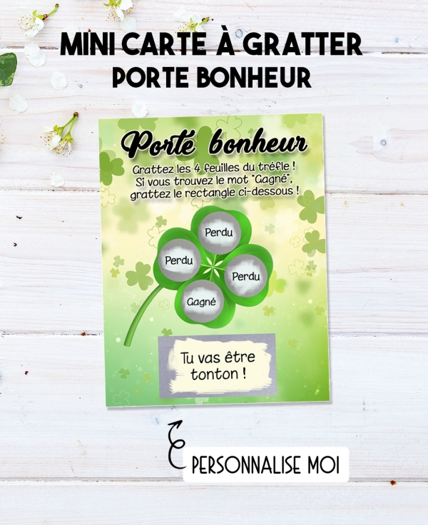 Mini-carte à gratter "Porte bonheur" pour annonce originale. carte gratter annonce. carte annonce bonne nouvelle