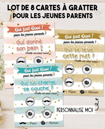 Carte à gratter "Qui fait quoi ?" pour les jeunes parents. carte gratter parent. cadeau nouveau né