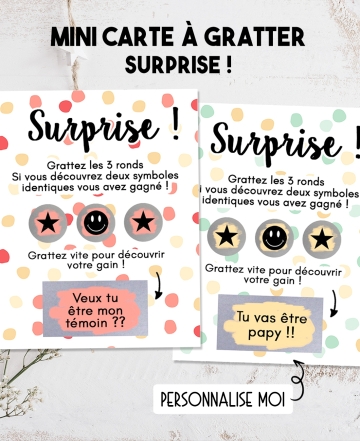 Mini carte à gratter "Surprise !" pour annonce ou demande originale. carte gratter. annonce originale. carte cadeau