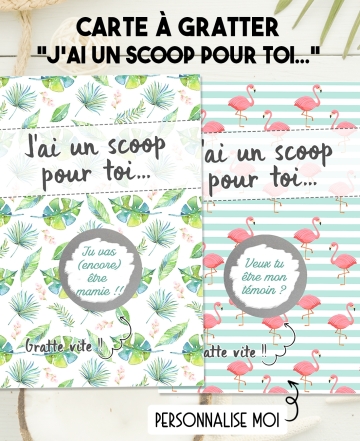 Carte à gratter "J'ai un scoop pour toi" pour annonce originale. Annonce grossesse, sexe de bébé, parrain/marraine