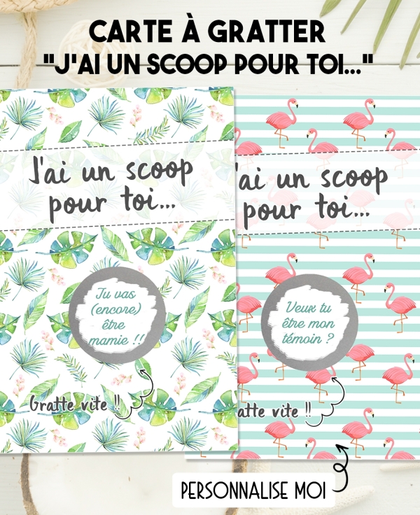 Carte à gratter "J'ai un scoop pour toi" pour annonce originale. Annonce grossesse, sexe de bébé, parrain/marraine