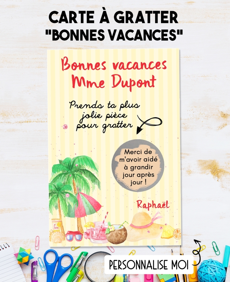 Carte à gratter bonnes vacances ATSEM, Maîtresse, Nounou. carte maitresse. merci maitresse