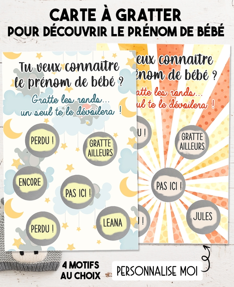 Carte à gratter pour faire découvrir le prénom de bébé - ronds. carte annonce prénom. prénom bébé original