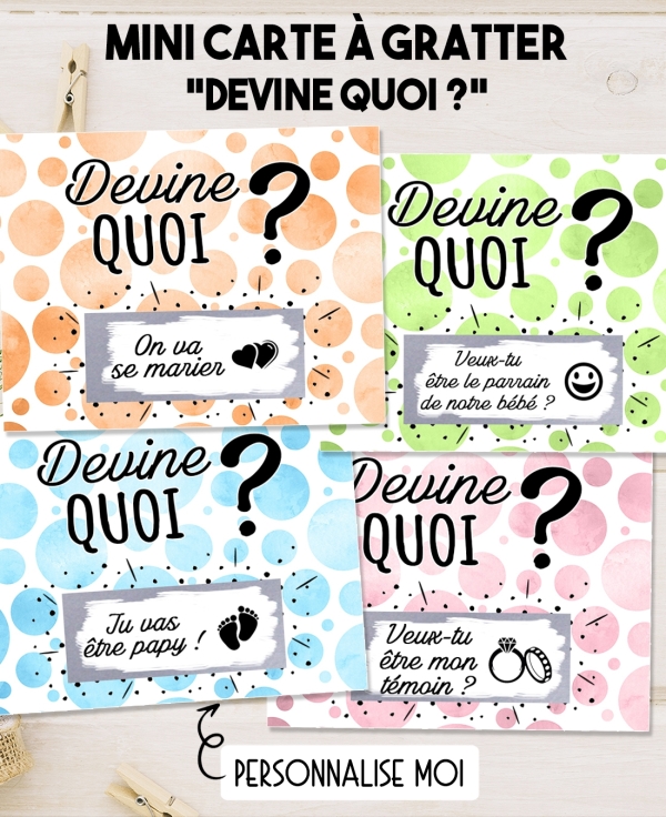 Mini-carte à gratter "Devine quoi ?" pour annonce ou demande originale