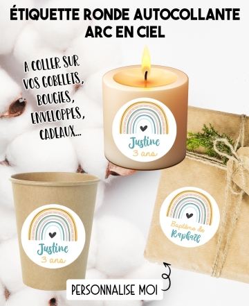 Étiquette autocollante arc en ciel. étiquette baptême. étiquette gobelet. étiquette anniversaire. étiquette personnalisé bougie