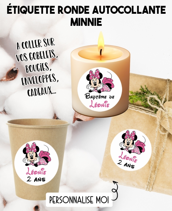 Étiquette personnalisée autocollante. Étiquette minnie. décoration minnie. déco bapteme fille