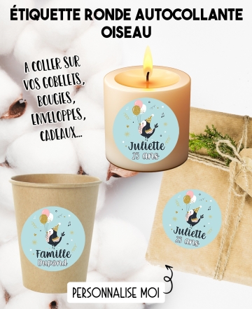 Étiquette autocollante oiseau. étiquette fête. étiquette gobelet. étiquette anniversaire. étiquette personnalisé bougie