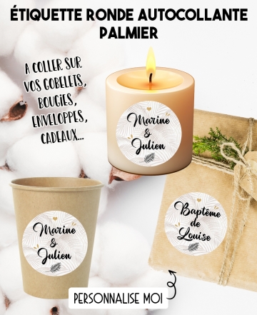 Étiquette ronde autocollante palmier. étiquette mariage. étiquette gobelet. étiquette anniversaire. étiquette personnalisé