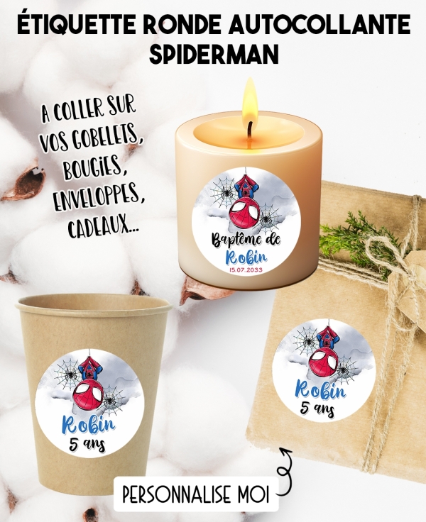 Étiquette personnalisée autocollante spiderman. étiquette spiderman. déco spiderman. déco bapteme. déco anniversaire.