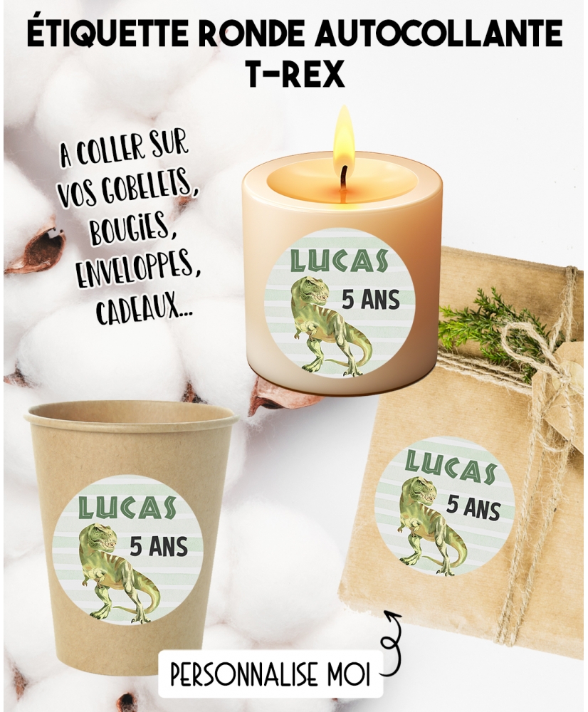 Étiquette autocollante T-rex. étiquette gobelet. étiquette anniversaire. étiquette personnalisé bougie. étiquette dinosaure