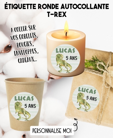 Étiquette autocollante T-rex. étiquette gobelet. étiquette anniversaire. étiquette personnalisé bougie. étiquette dinosaure