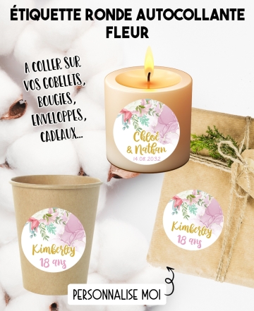 Étiquette autocollante fleur. étiquette gobelet. étiquette mariage. étiquette personnalisé bougie. étiquette fleur anniversaire