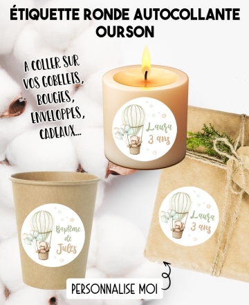 Étiquette autocollante ourson. étiquette gobelet. étiquette anniversaire. étiquette personnalisé bougie. étiquette montgolfière