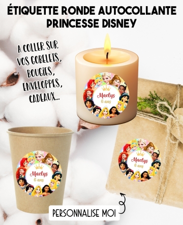 Étiquette autocollante princesse. étiquette gobelet. étiquette anniversaire. étiquette personnalisé bougie. étiquette disney