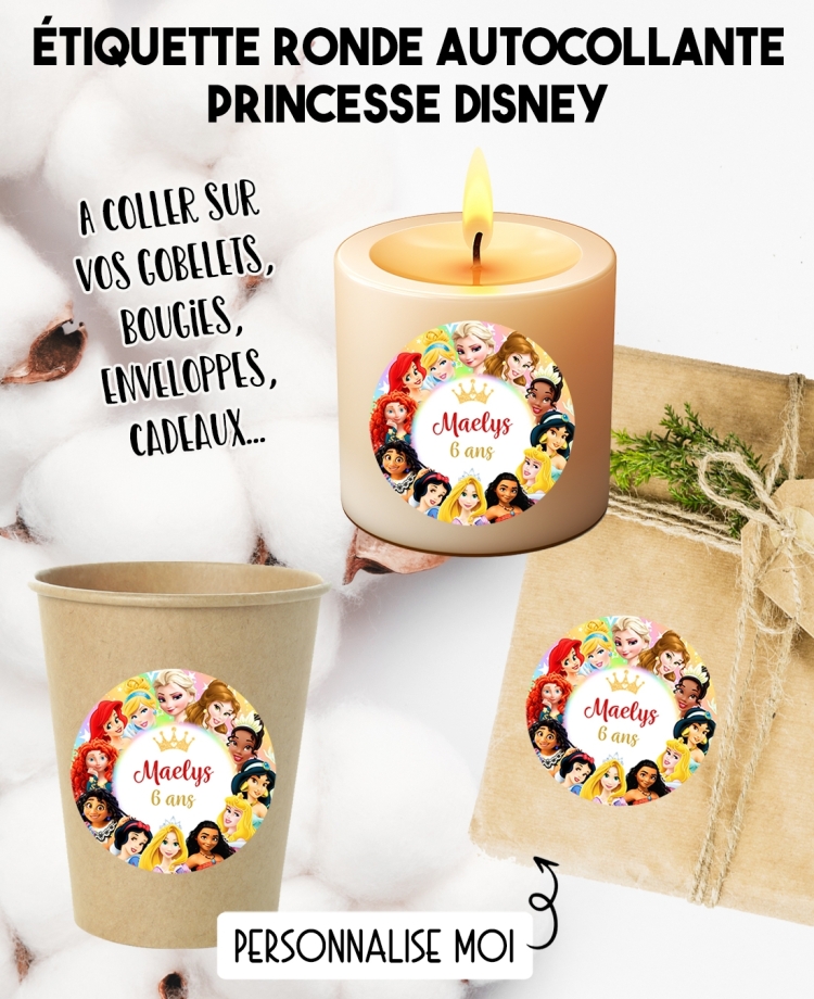 Étiquette autocollante princesse. étiquette gobelet. étiquette anniversaire. étiquette personnalisé bougie. étiquette disney
