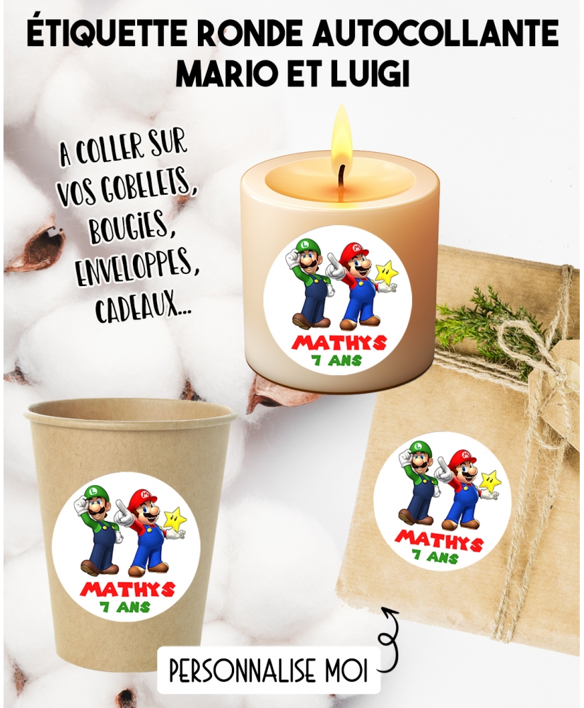 Étiquette autocollante Mario et Luigi. étiquette gobelet. étiquette anniversaire. étiquette personnalisé bougie. étiquette mario