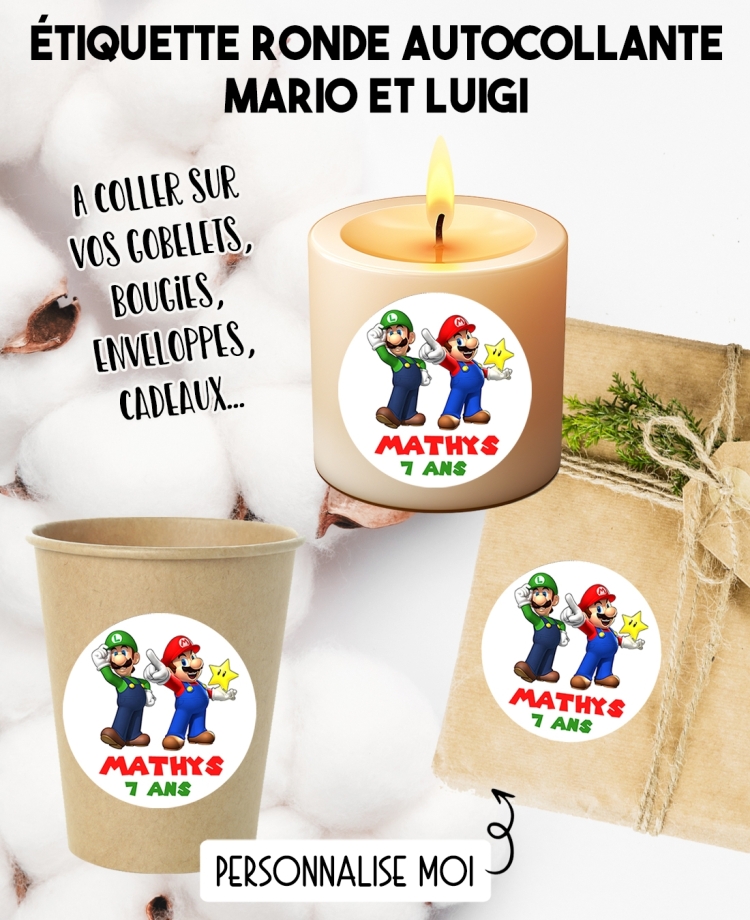 Étiquette autocollante Mario et Luigi. étiquette gobelet. étiquette anniversaire. étiquette personnalisé bougie. étiquette mario