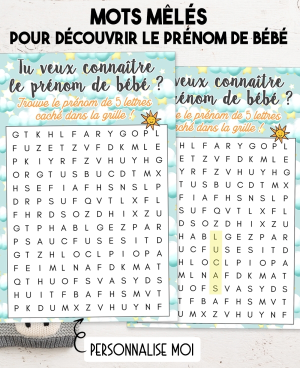 Mots mêlés mystères pour faire découvrir le prénom de bébé