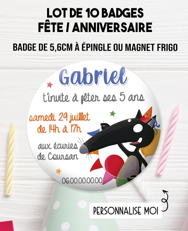 badges baptême ou anniversaire loup. badges le loupe. badges invitation anniversaire