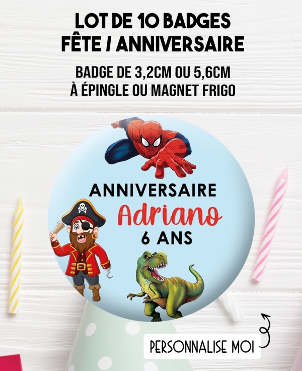 badge personnalisé. badge enfant. badge anniversaire garçon. badge fete pirate. badge fête spiderman