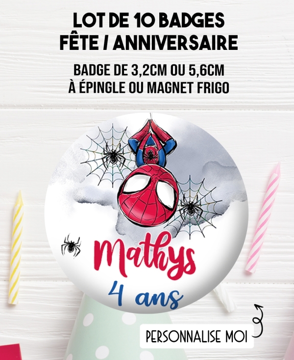 badges fête. badges anniversaire. badges anniversaire spiderman. badges personnalisés. badges enfant. badge garçon