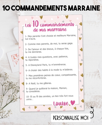 Les 10 commandements de ma marraine. cadeau marraine. commandements marraine.