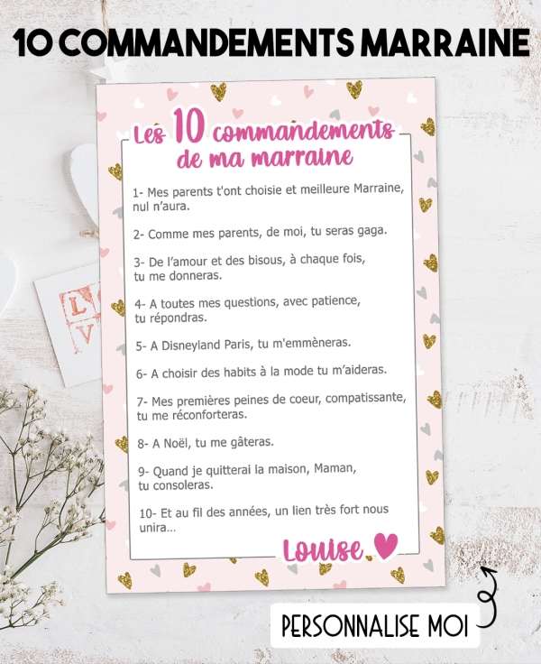 Les 10 commandements de ma marraine. cadeau marraine. commandements marraine.