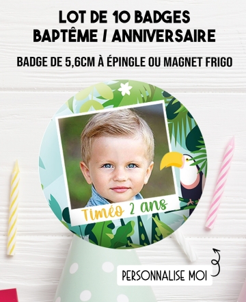 10 badges avec photo pour bapteme ou anniversaire - tropical. badge bapteme personnalisé. badge anniversaire personnalisé