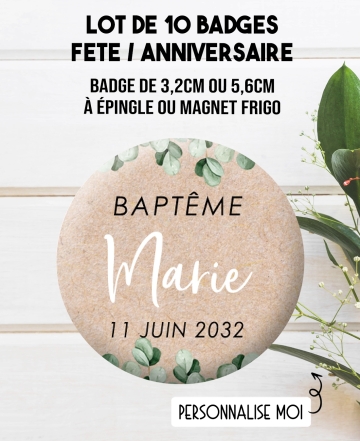 badges fête. badges anniversaire. badges communion. badges personnalisés. badges baptême. badges kraft feuilles