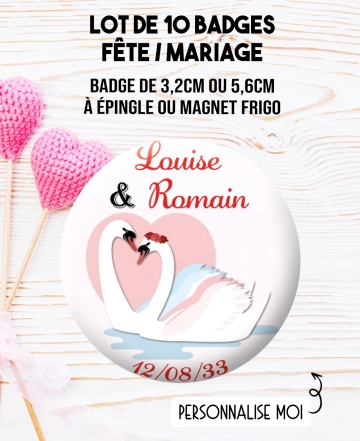 badges mariage cygne. badge mariage personnalisé. badge cinéma. badge original mariage. badge cygne. badge mariage cygne