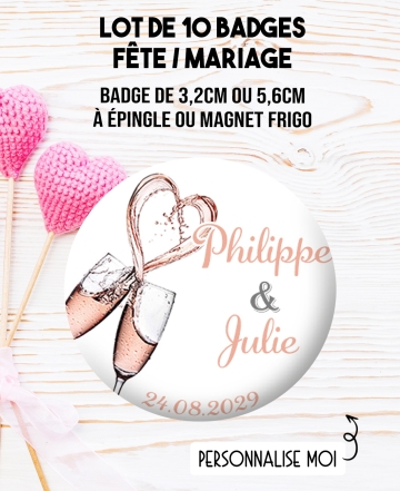10 badges personnalisés mariage champagne. badges mariage. badges personnalisé mariage. badges pacs
