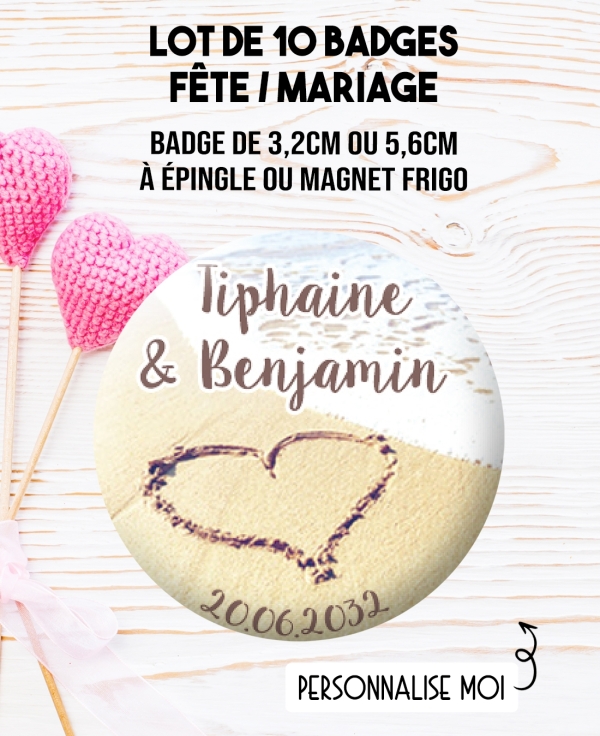 10 badges personnalisés mariage sable. badges mariage. badges personnalisé mariage. badges pacs