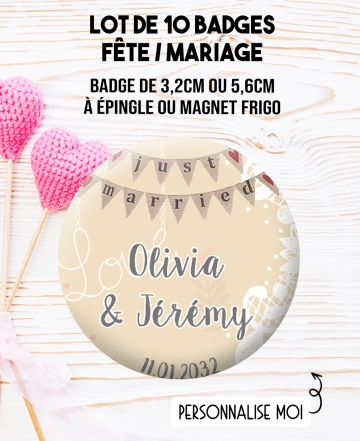 mariage champêtre. badges mariage. badges personnalisé mariage. badges pacs. badges pacs champetre
