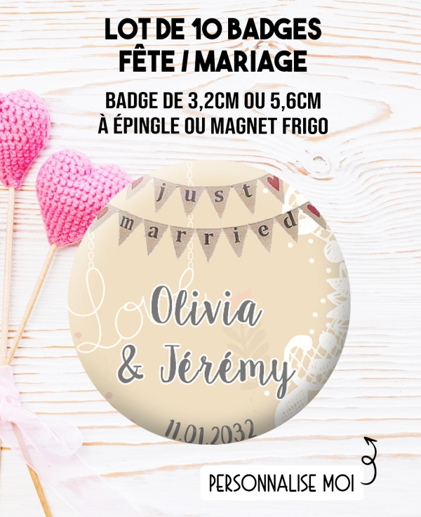 mariage champêtre. badges mariage. badges personnalisé mariage. badges pacs. badges pacs champetre