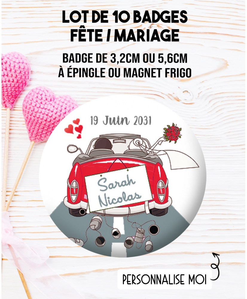 Badges personnalisés mariage voiture Just married rouge. badges mariage. badges personnalisé mariage. badges pacs. badges mariag