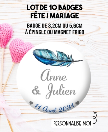 badges mariage plume. badges pacs. badges personnalisé mariage. badge decoration mariage.