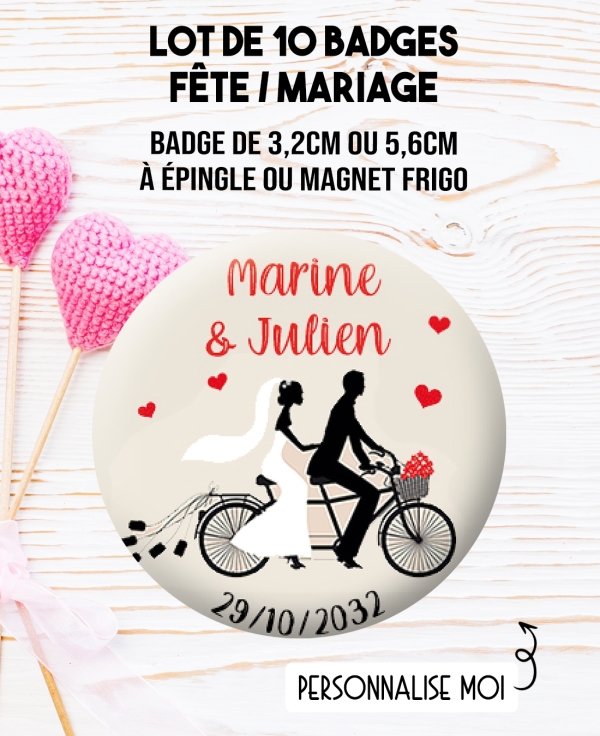 Badges personnalisés mariage vélo. badges mariage. badges personnalisés mariage. badges vélo mariage. badge couple mariés