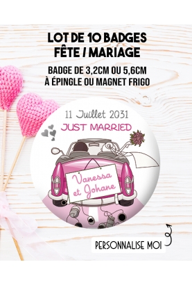 Badges personnalisés mariage voiture Just married - 10 badges à épingle ou magnet frigo